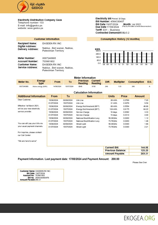 Modèle de facture de services publics de la Palestine Electricity Distribution Company Gaza (GEDCO) aux formats Word et PDF